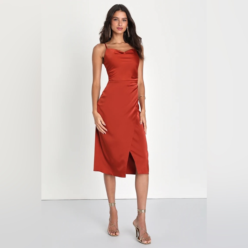 Hollywood Woman Bronze Satin Midi Dress